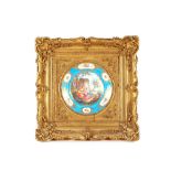 A pair of finely painted Sevres plates, decorated rural and romantic scenes on turquoise ground,