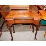 A George III mahogany triple fold-over card and tea table, fitted with a single drawer raised on