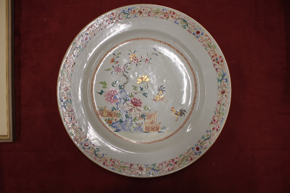 An 18th Century Chinese famille rose dish, with fighting cock decoration, 35cm dia. - Image 3 of 20