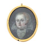 18th Century school, miniature portrait study, of a lady wearing lace collar and pearls, contained