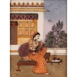 An Indian gemstone picture, depicting a seated lady with attendant hawk, label verso detailing the