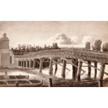 19th Century school, monochrome study of "Temsford, Old Bridge of Timber, on the River Ouse, south