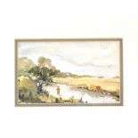 Peter Critchley, study of figures on a river near Honiton Devon, signed watercolour, 9cm x 15.5cm