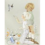 Anne Grahame Johnstone, young children feeding a bird, watercolour 34.5cm x 26.5cm; and accompanying