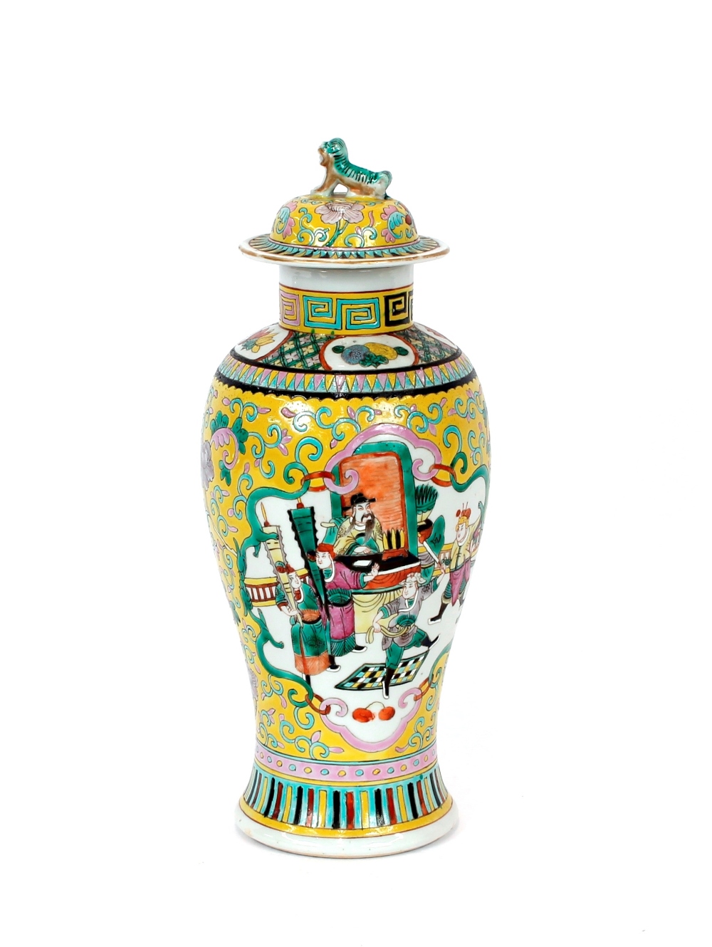 A Chinese famille jaune baluster vase, the cover surmounted by a Kylin finial decorated with