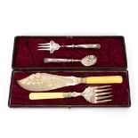 A pair of plated fish servers, with foliate decoration and bone handles; a silver handled jam