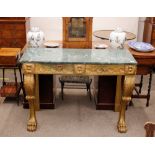 A 19th Century gilt console table, surmounted by green marble top fitted two frieze drawers, foliate