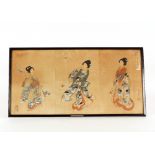 Yoshu Chikanobu, Oban Triptych, depicting three Geisha carrying fans, signed, circa.1902, 35.5cm x