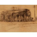 Frederick Hans Haargensen 1877-1943, study of a steam train, charcoal on paper, 48cm x 62cm
