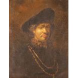 After Rembrandt, mid 19th Century study of the artist, self portrait, oil on canvas, 24cm x 19cm