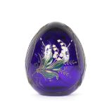 Fabergé, blue glass egg with enamelled and engraved decoration of lilies of the valley, label to