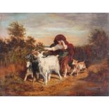 Continental school 19th Century, shepherdess with goats in a rural landscape, indistinctly signed