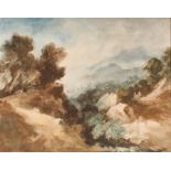 19th Century school, mountainous country path with figures, unsigned watercolour 36cm x 45cm