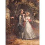 19th Century school, study of a young couple walking along a country path beside flowers and an urn,