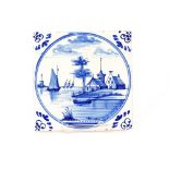 Two antique Delft tiles, depicting church and other buildings beside a canal, 15cm sq.