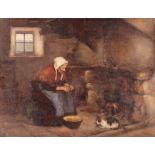 H G Dobson R.S.W., interior study depicting a seated elderly lady peeling potatoes by the fire