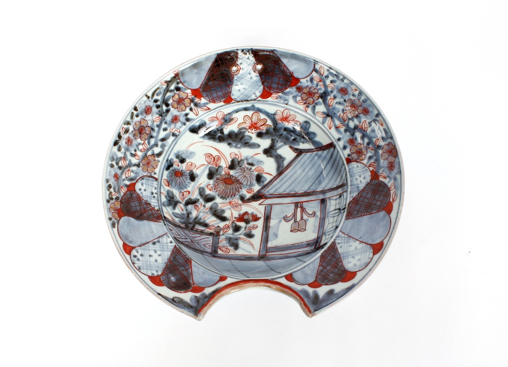 An Imari pattern barbers or bleeding bowl, 27cm dia. overall