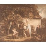 After George Morland, a pair of coloured prints depicting family outside of a cottage; and another