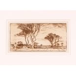 Harry Becker 1860-1928, "March" unsigned etching, 12cm x 24cm