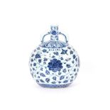 A Chinese porcelain Ming style blue and white twin handled Pilgrim flask, having six character