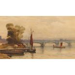 J.M. Barber, study of Lindsay Wharf, signed watercolour dated 1891, 17cm x 29cm