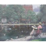 Moie Egan, early 20th Century Irish school, study of figures around a pond in a park, signed oil,