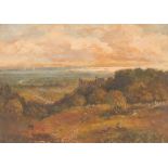 J A Crawford, signed oil on board "A View of the Sea from Hill and Castle Ruins", 16cm x 22.5cm