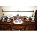 A blue and gilt decorated coffee set, matching cruet and a platter; a Minton white glazed teapot