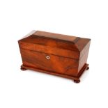 A Victorian rosewood three compartment tea caddy, with later mixing bowl, of sarcophagus shape