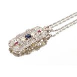 A fine white metal diamond, sapphire, ruby and pearl pendant, hung to an Italian 9kt white gold