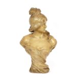 A Goldscheider pottery bust, of a maiden stamped on the reverse and signed Nelson, 62cm high