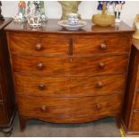 A 19th Century mahogany bow fronted chest, of two short and three long graduated drawers raised on a