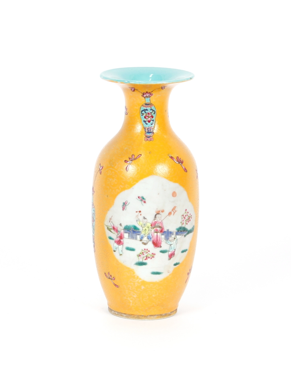 A Chinese famille rose baluster vase, having panels decorated with figures in garden settings flying - Image 2 of 3