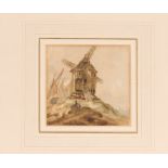 Thomas Churchyard, study of a coastal windmill, figures in the foreground, watercolour, 10cm x