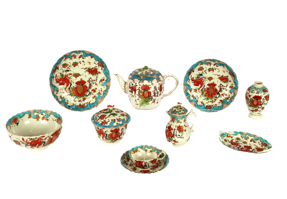 A collection of First Period Worcester tea ware of Jabberwocky pattern, comprising teapot, covered