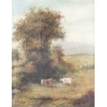 Roberto Marshall 1849-1926, hilly landscapes with cattle and sheep, a pair, signed oils on canvas,