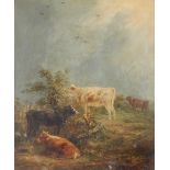 After Thomas Sidney Cooper, study of cattle grazing, unsigned oil on board, 30cm x 25cm