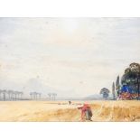 Tom Scott R.S.A., "Peace", study of a harvesting scene, signed watercolour, 18cm x 24cm, inscribed