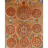 An Indian painting on fabric, depicting deities, figures and flowers, 102cm x 84cm