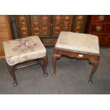 A George III style mahogany cabriole legged stool, terminating in pad feet, united by stretchers,