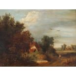 After J Stark, study of figures walking along a country path with nearby cottage and farm in the far
