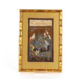 A pair of eastern watercolours with text, contained in gilt mock bamboo frames, image 21.5cm x 13.