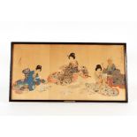 Yoshu Chikanobu, Oban Triptych circa. 1900, depicting seated figures playing cards, signed 36cm x