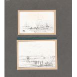Attributed to Hume Lancaster, pair of pencil drawings, coastal scenes, framed as one, 6cm x 9cm,