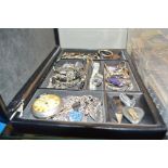 A black folding jewellery box and contents of vari
