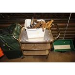 A three tier tea trolley; and a box of hand tools