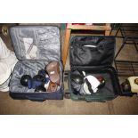 Two suitcases containing bowling woods and shoes e
