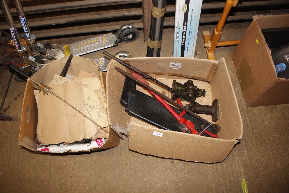 Two boxes containing tools and sand paper etc.