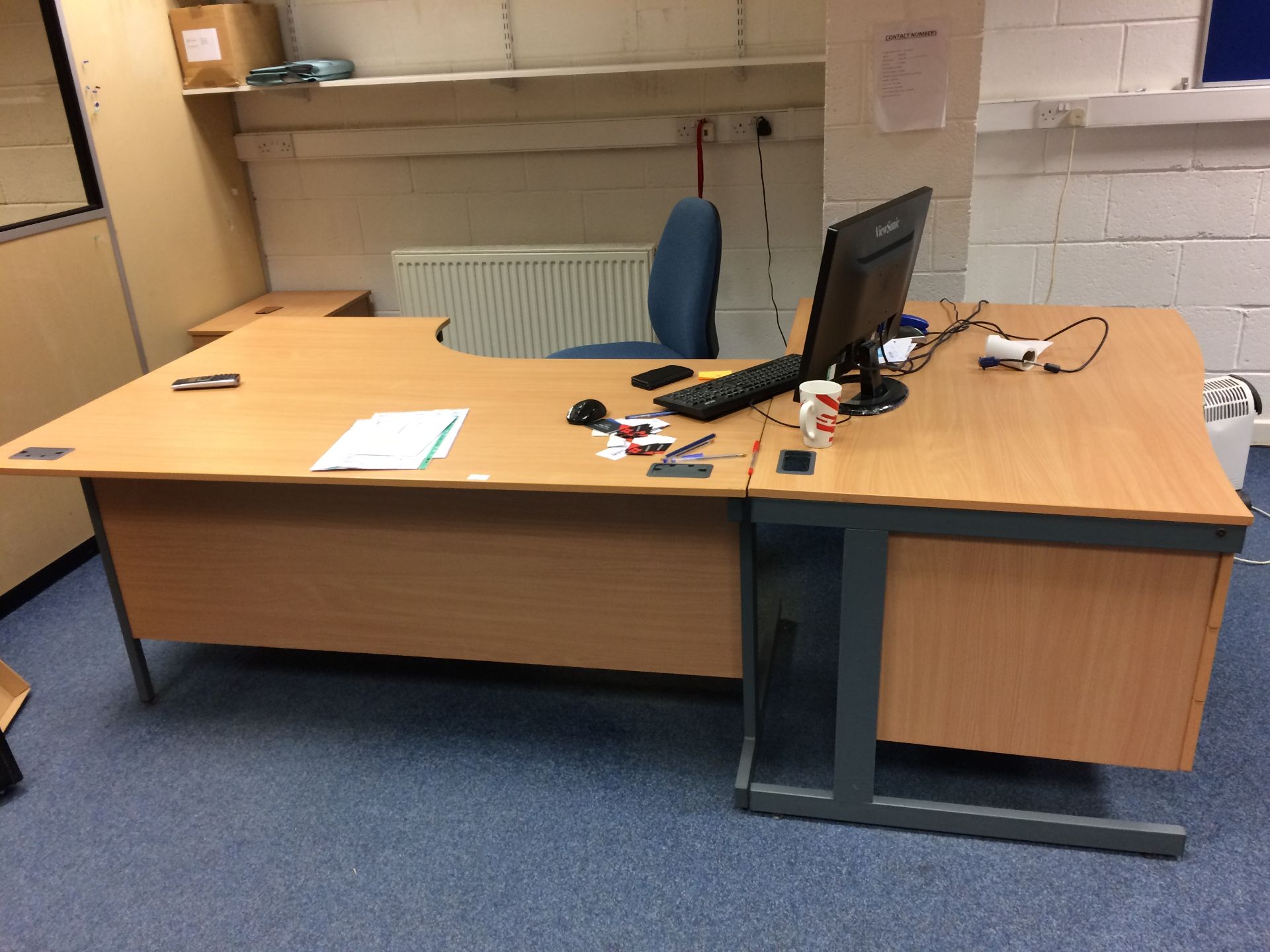 2 x office desks, 1 blue office chair an