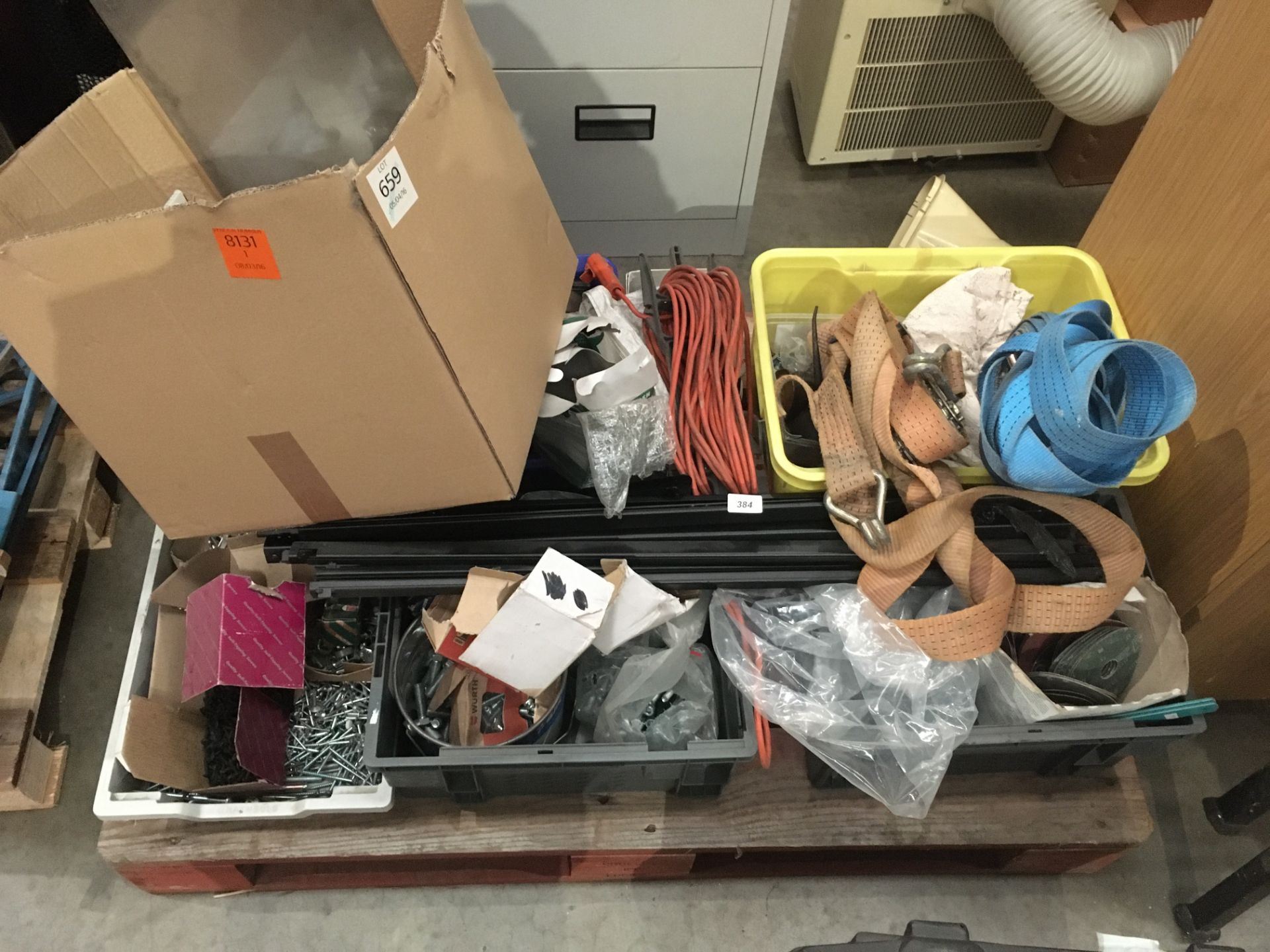 Contents to pallet - straps, assorted nuts, bolts, screws etc.